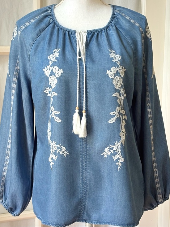 Nanette Lepore Tops - Nanette Lepore Embroidered Lyocell Chambray Peasant Blouse | Small